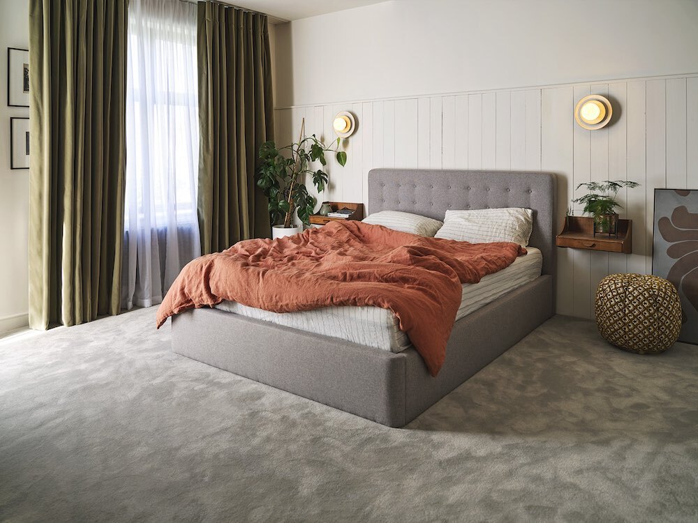 grey fabric bed