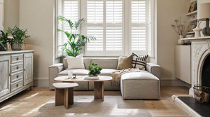 living room with window shutters