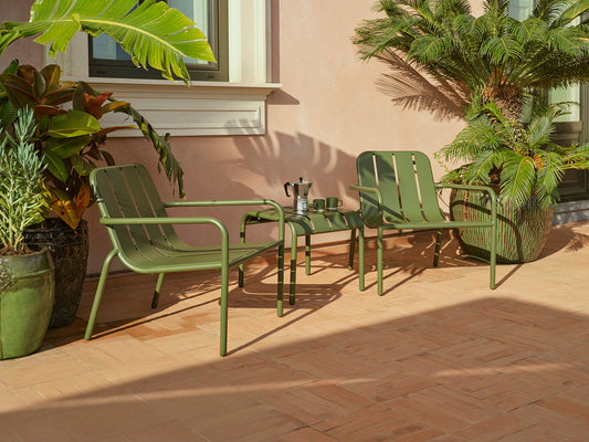 green metal garden chairs