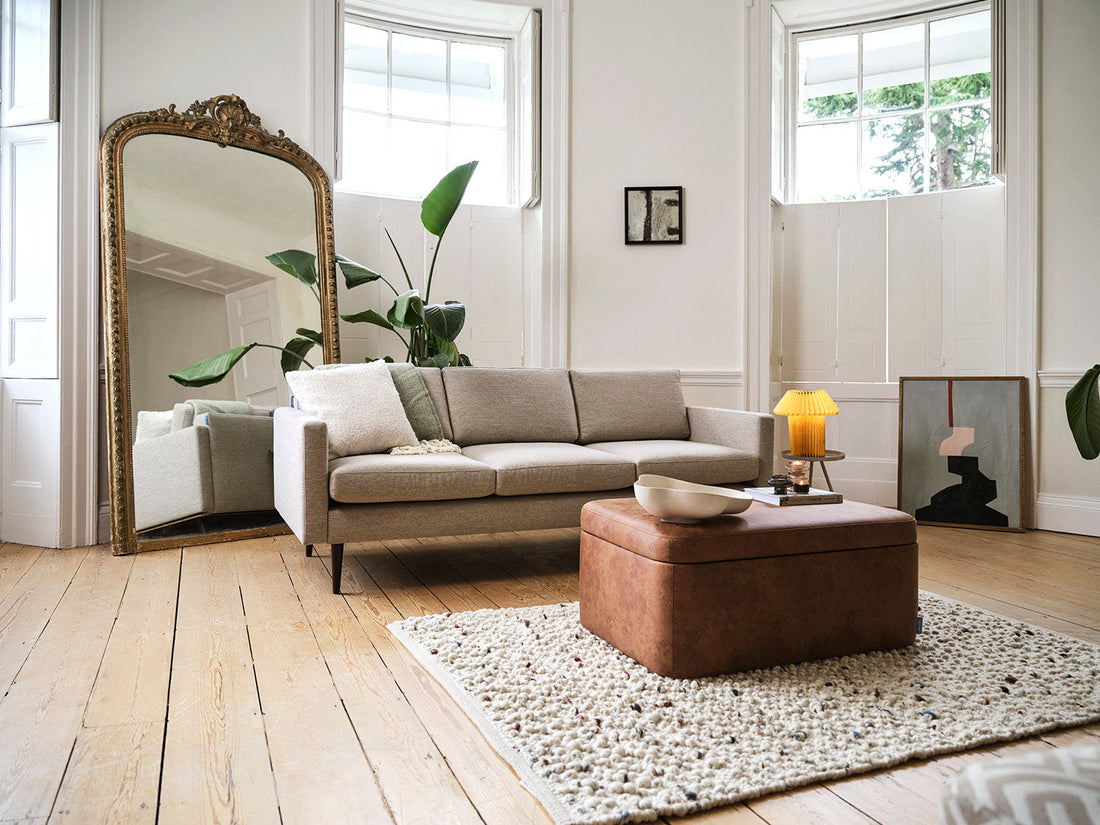 grey sofa and storage ottoman