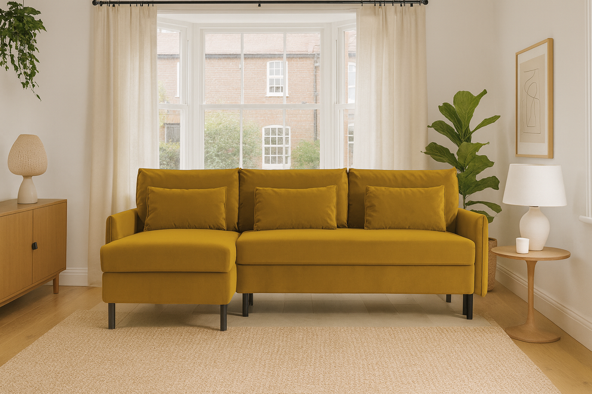Model 12 Sofa Bed with Storage 3 Seater Left Chaise, Mustard