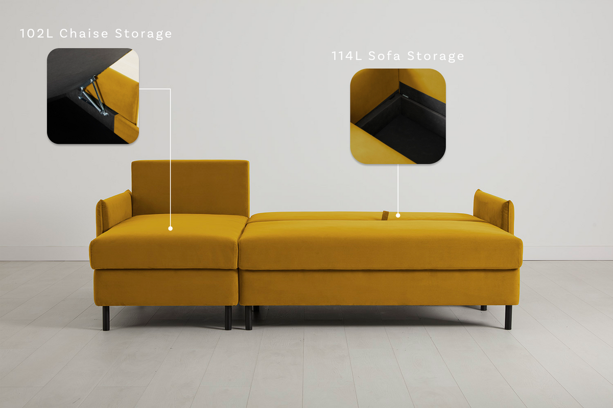 Model 12 Sofa Bed with Storage 3 Seater Left Chaise, Mustard