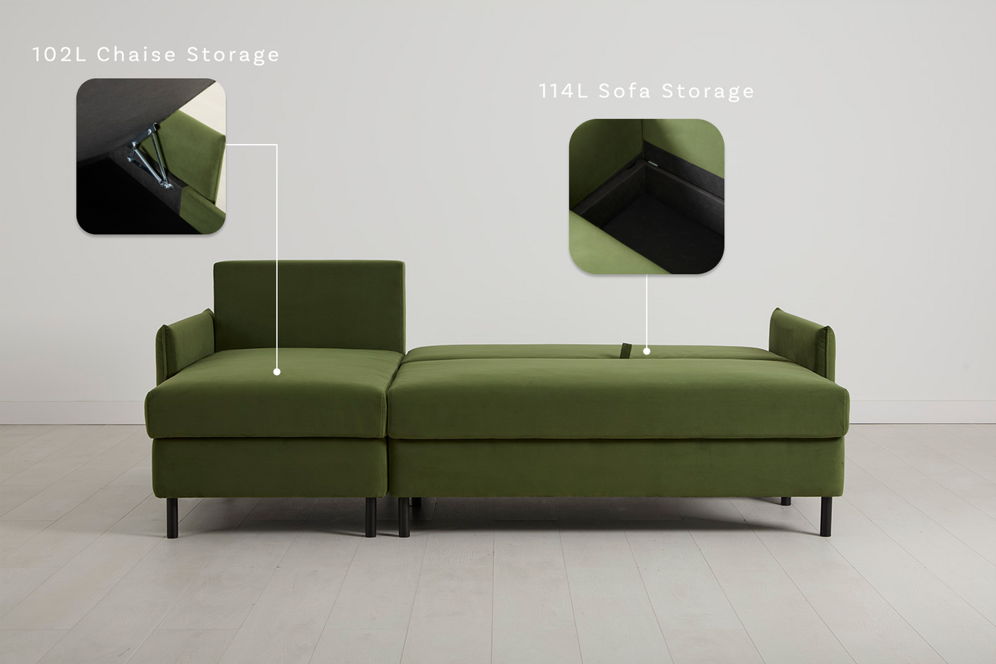 Model 12 Sofa Bed with Storage 3 Seater Left Chaise, Vine
