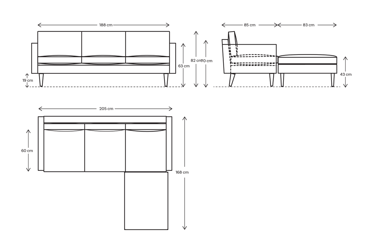 Model 01 3 Seater Right Chaise Sofa