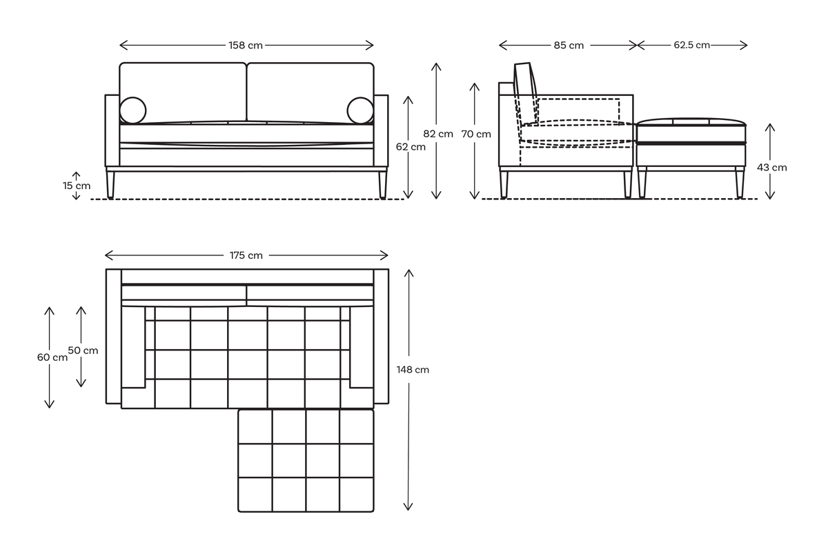 Model 02 2 Seater Right Chaise Sofa