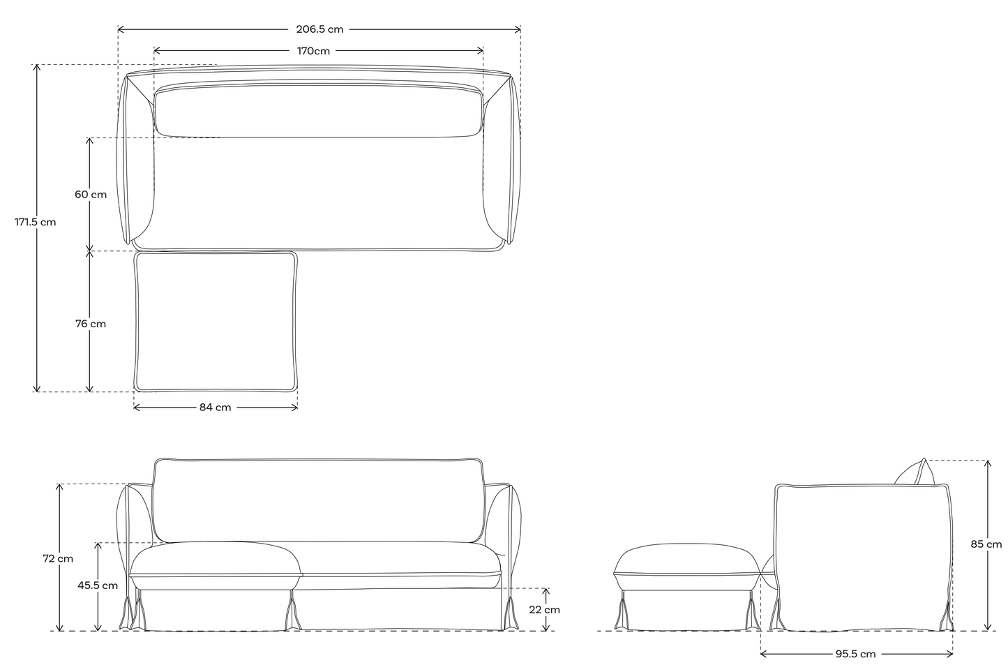 Model 18 3 Seater Sofa with Ottoman, Midnight