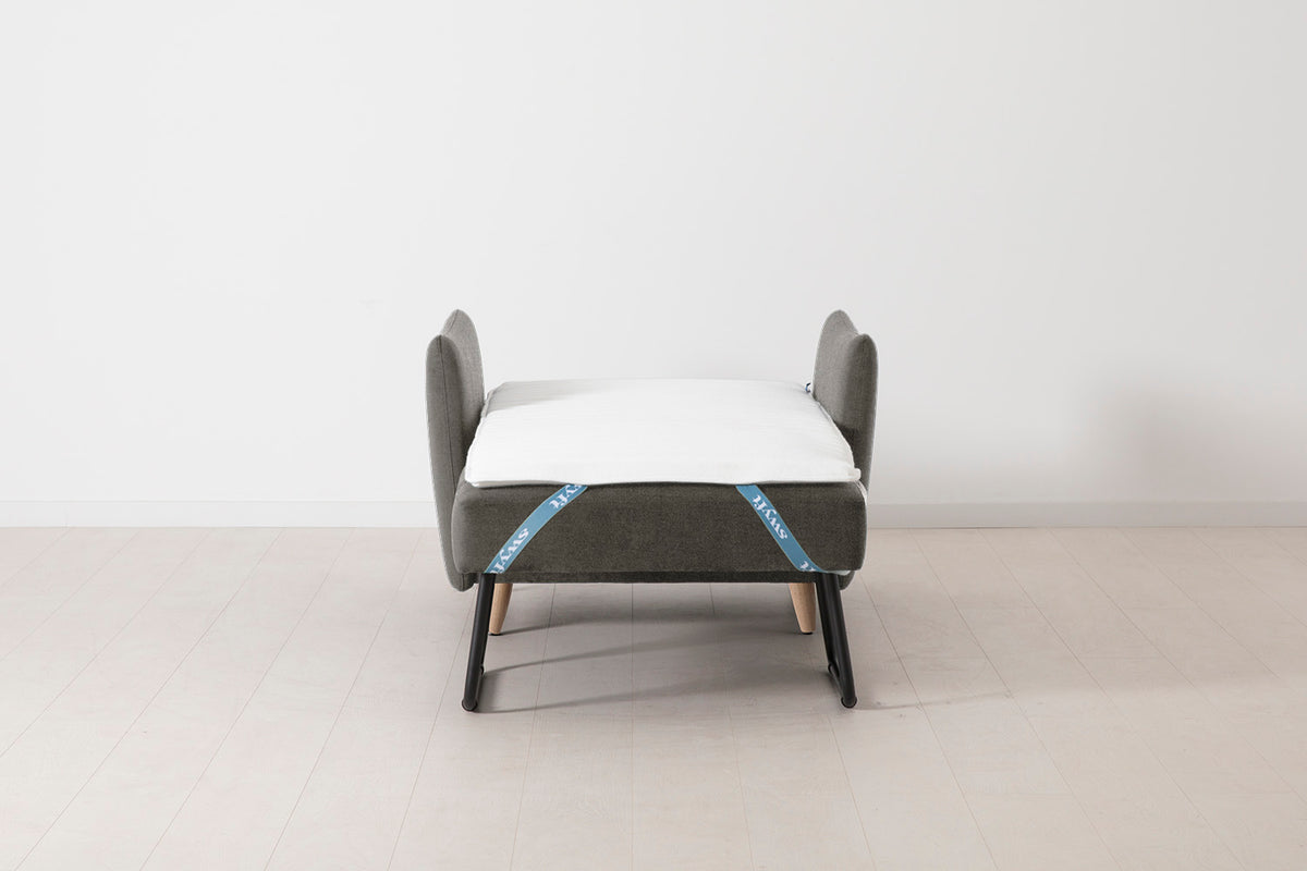 Single Chair Bed in grey chenille with oak legs