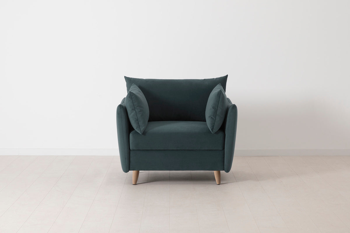 Single Chair Bed in blue velvet with oak legs