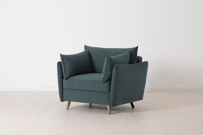 Single Chair Bed in blue velvet with oak legs