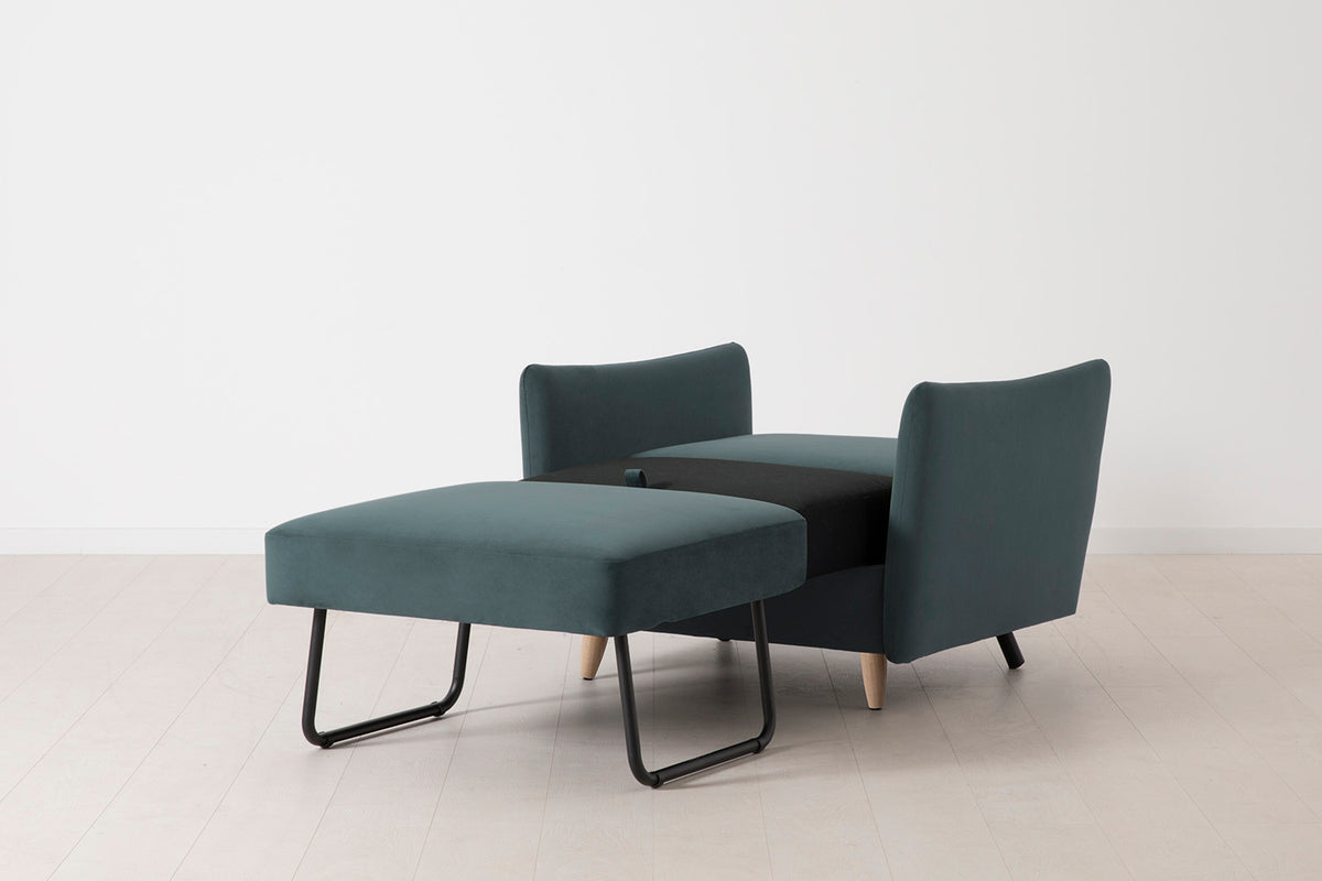 Single Chair Bed in blue velvet with oak legs