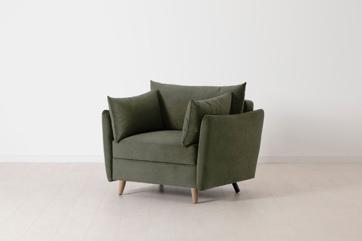 Single Chair Bed in green chenille with oak legs