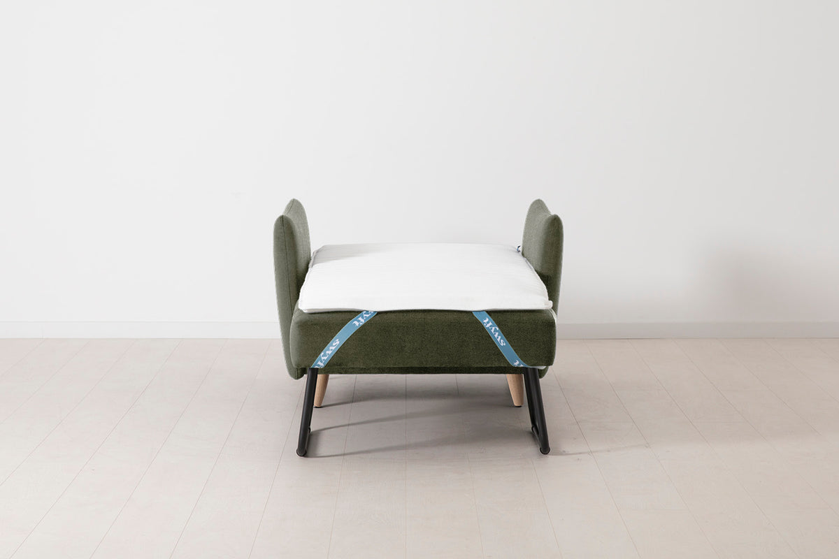 Single Chair Bed in green chenille with oak legs