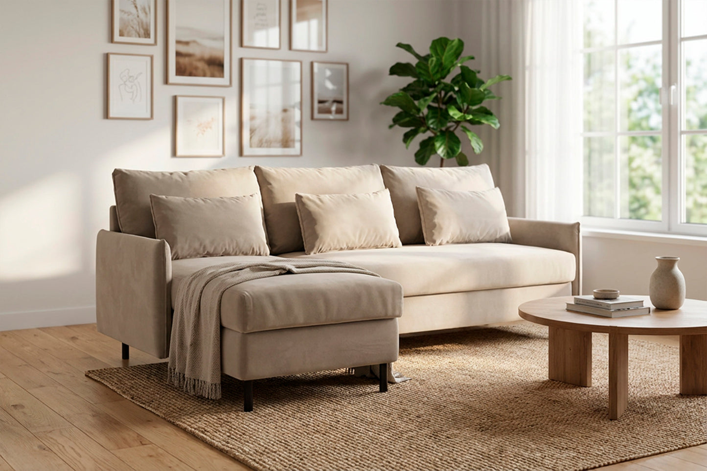 Model 12 Sofa Bed with Storage 3 Seater Right Chaise, Bone