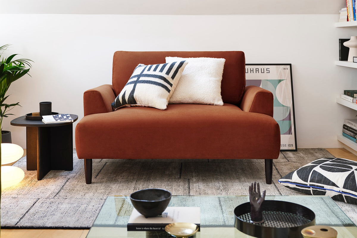 Model 05 Loveseat in Umber velvet in a living room